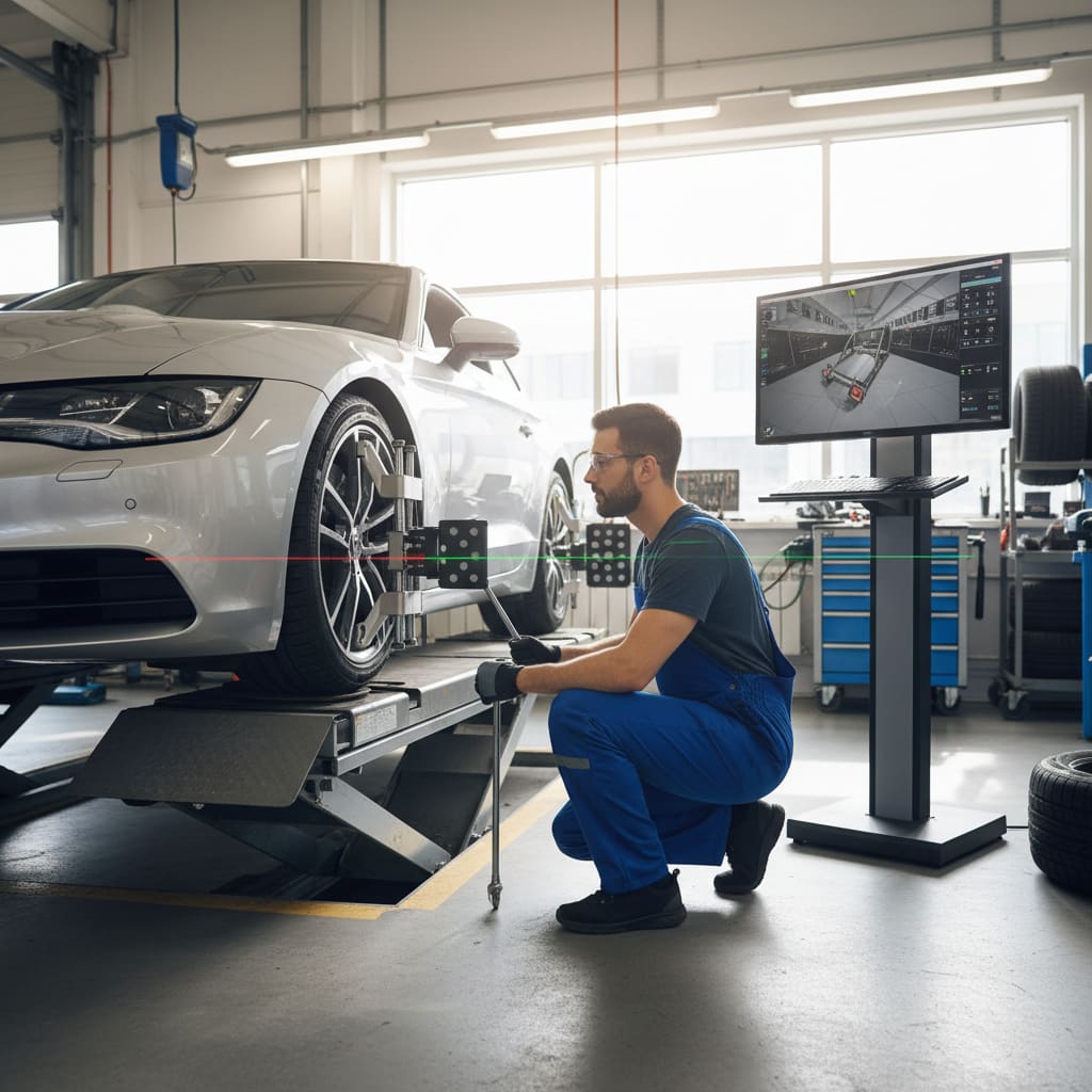 Mechaniker richtet eine Achsvermessung aus