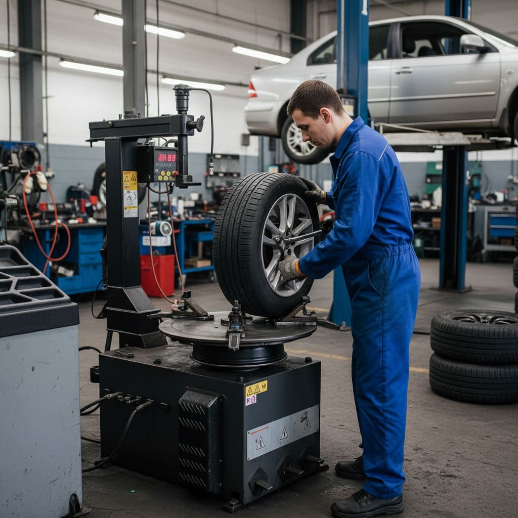 Reifenmontage auf einer Maschine